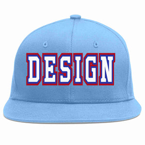 Custom Light Blue White-Royal Flat Eaves Sport Baseball Cap Design for Men/Women/Youth