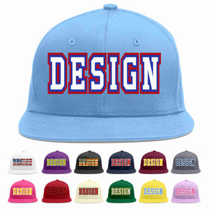 Custom Light Blue White-Royal Flat Eaves Sport Baseball Cap Design for Men/Women/Youth