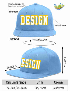 Custom Light Blue White-Gold Flat Eaves Sport Baseball Cap Design for Men/Women/Youth