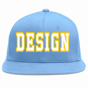 Custom Light Blue White-Gold Flat Eaves Sport Baseball Cap Design for Men/Women/Youth