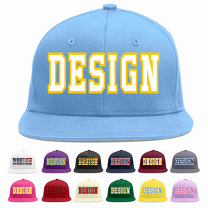 Custom Light Blue White-Gold Flat Eaves Sport Baseball Cap Design for Men/Women/Youth