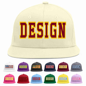 Custom Cream Crimson-Gold Flat Eaves Sport Baseball Cap Design for Men/Women/Youth