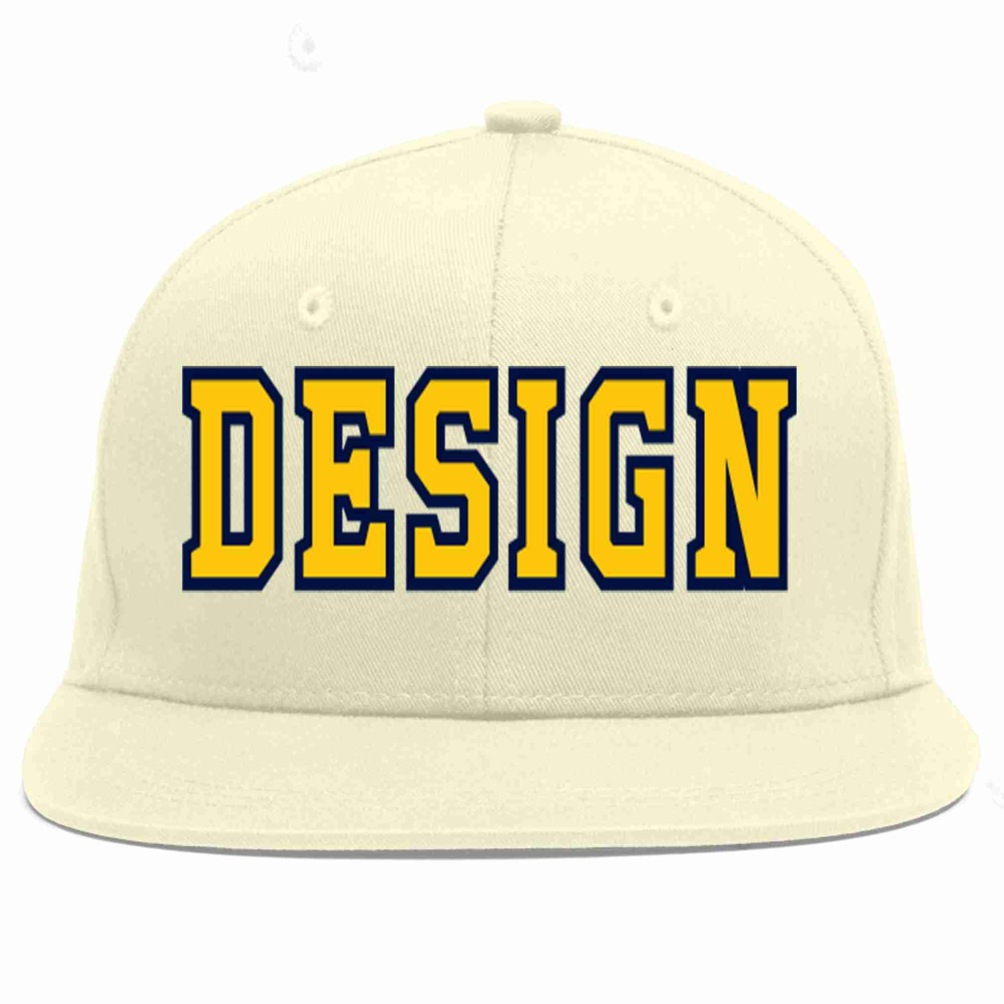 Custom Cream Gold-Navy Flat Eaves Sport Baseball Cap Design for Men/Women/Youth