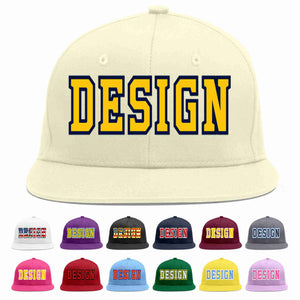 Custom Cream Gold-Navy Flat Eaves Sport Baseball Cap Design for Men/Women/Youth