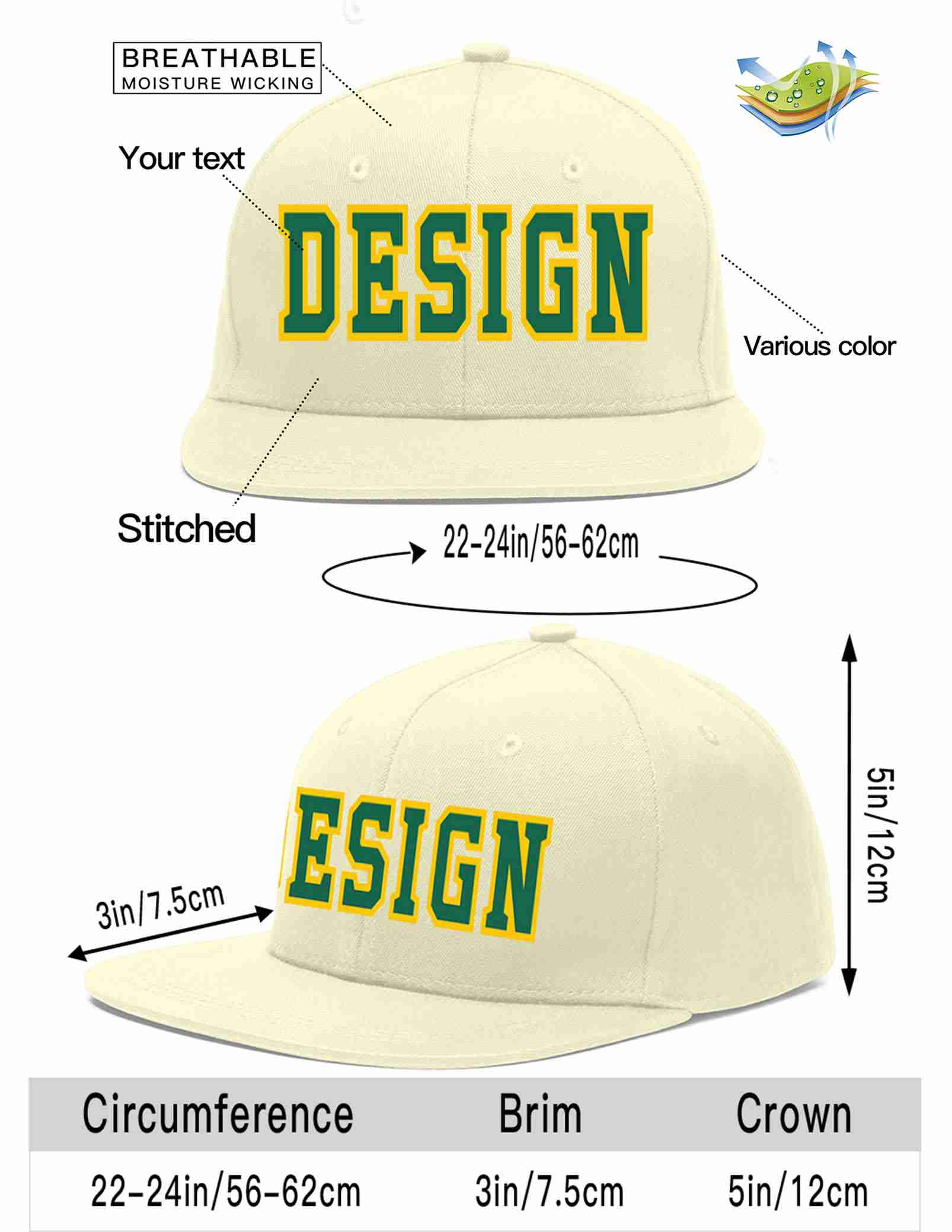 Custom Cream Kelly Green-Gold Flat Eaves Sport Baseball Cap Design for Men/Women/Youth