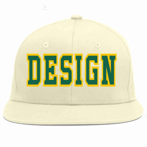 Custom Cream Kelly Green-Gold Flat Eaves Sport Baseball Cap Design for Men/Women/Youth