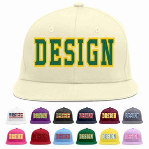 Custom Cream Kelly Green-Gold Flat Eaves Sport Baseball Cap Design for Men/Women/Youth