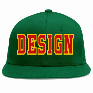 Conception personnalisée de casquette de baseball de sport à avant-toit plat vert rouge-jaune pour hommes/femmes/jeunes