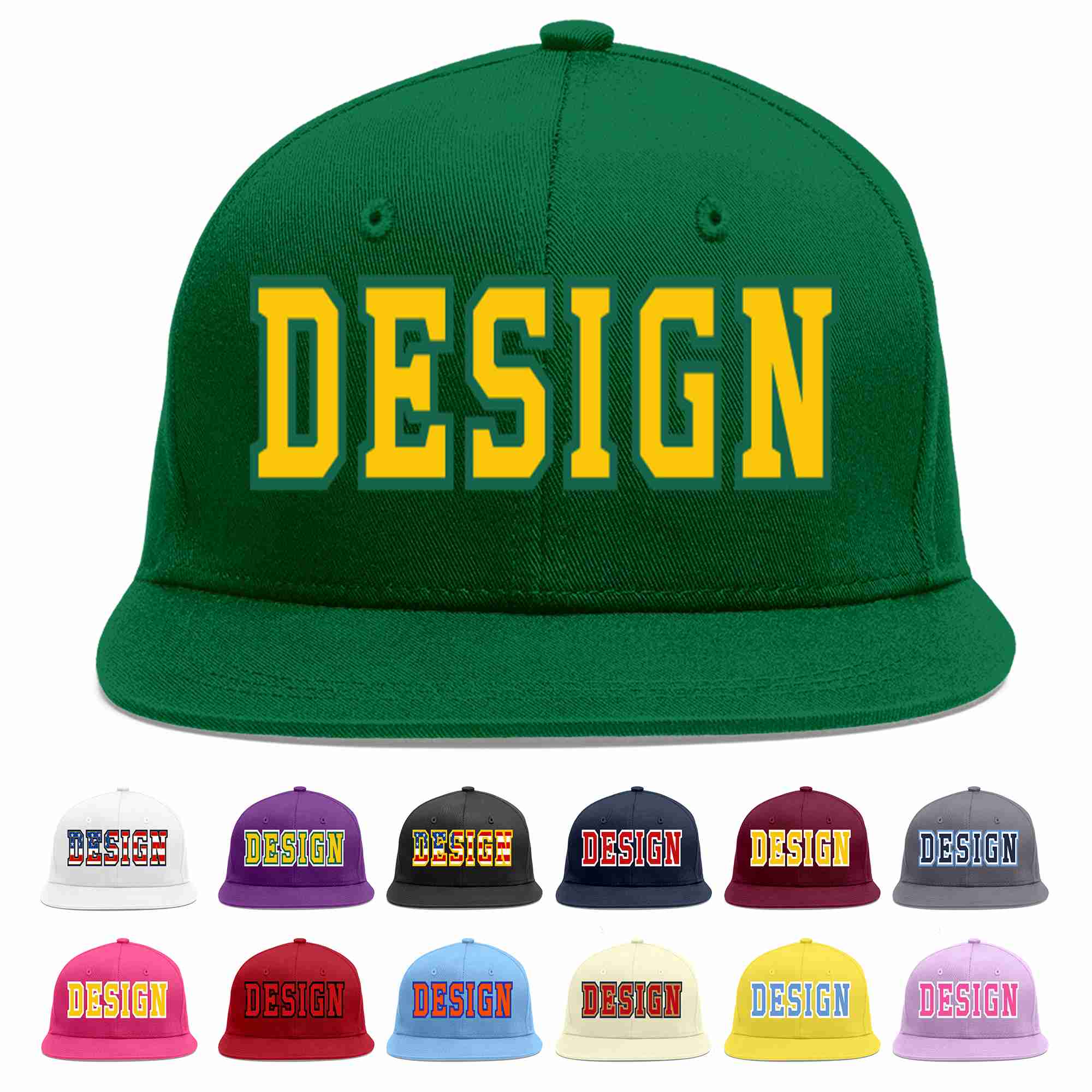 Custom Green Gold-Kelly Green Flat Eaves Sport Baseball Cap Design for Men/Women/Youth