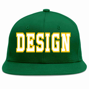 Custom Green White-Gold Flat Eaves Sport Baseball Cap Design for Men/Women/Youth