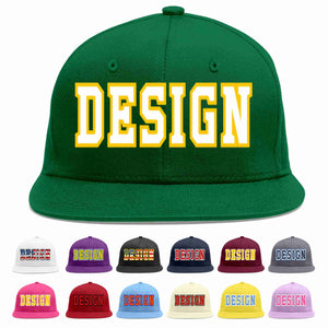 Custom Green White-Gold Flat Eaves Sport Baseball Cap Design for Men/Women/Youth