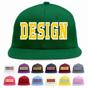 Custom Green Gold-White Flat Eaves Sport Baseball Cap Design for Men/Women/Youth