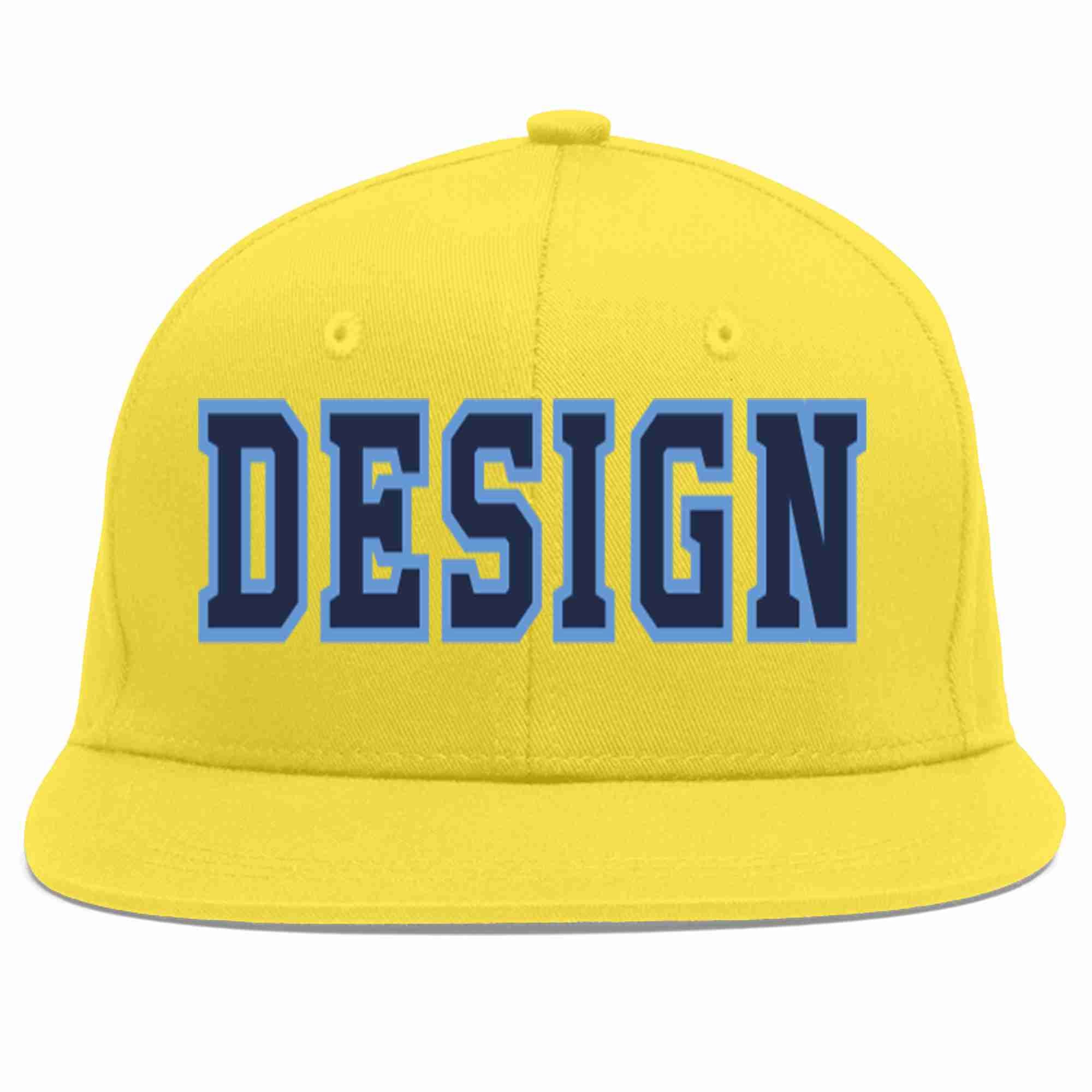 Custom Light Gold Navy-Light Blue Flat Eaves Sport Baseball Cap Design for Men/Women/Youth