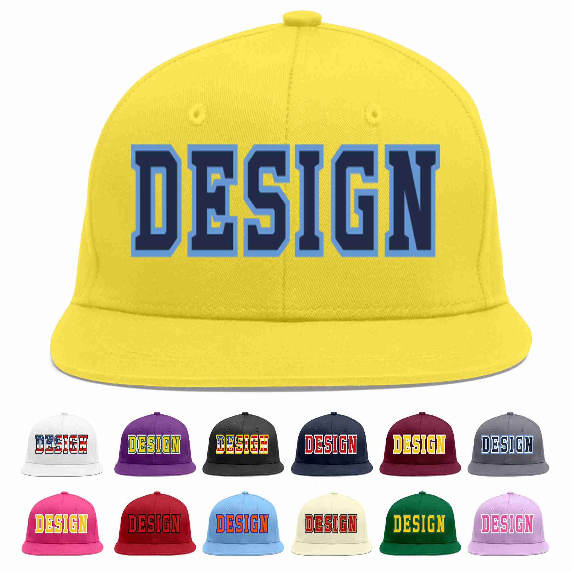 Custom Light Gold Navy-Light Blue Flat Eaves Sport Baseball Cap Design for Men/Women/Youth