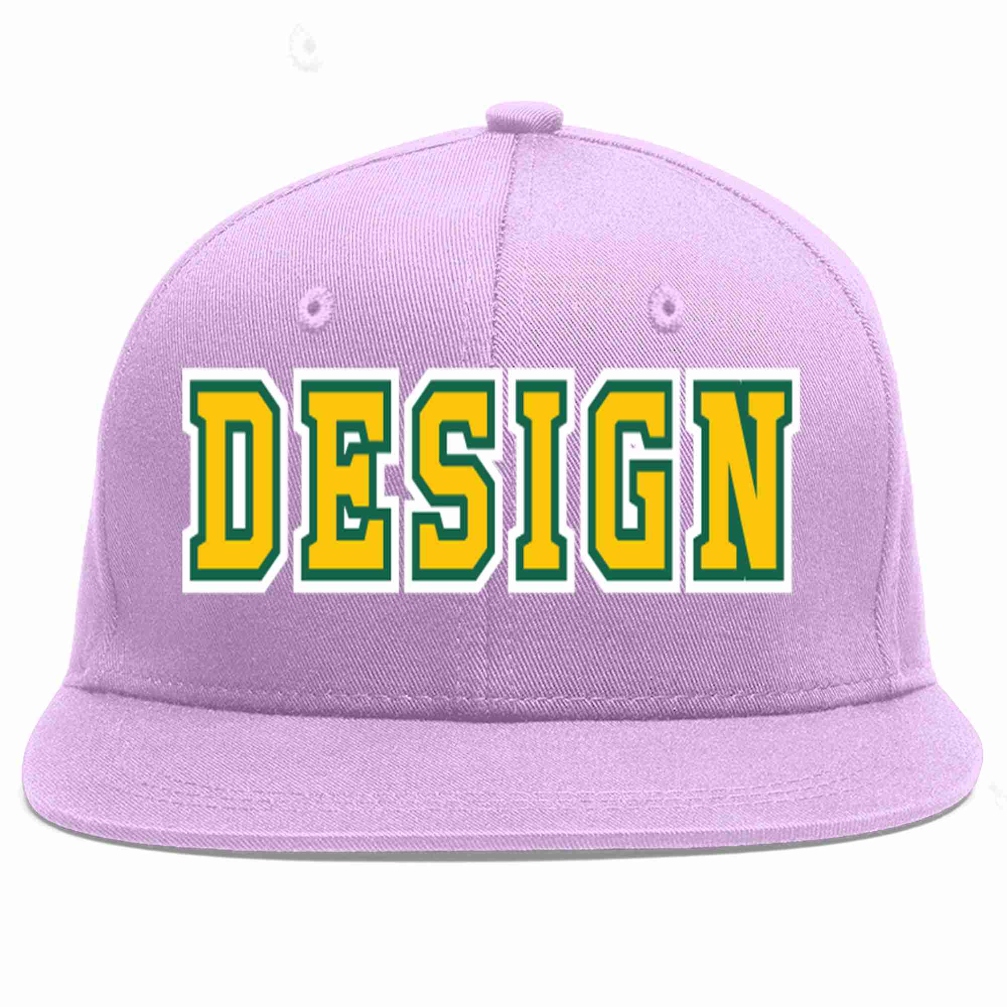 Custom Light Purple Gold-Kelly Green Flat Eaves Sport Baseball Cap Design for Men/Women/Youth