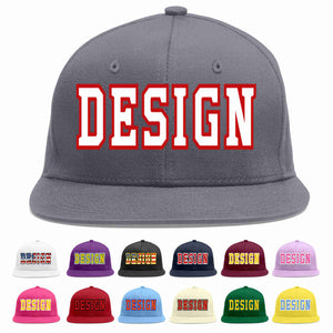 Custom Dark Gray White-Red Flat Eaves Sport Baseball Cap Design for Men/Women/Youth