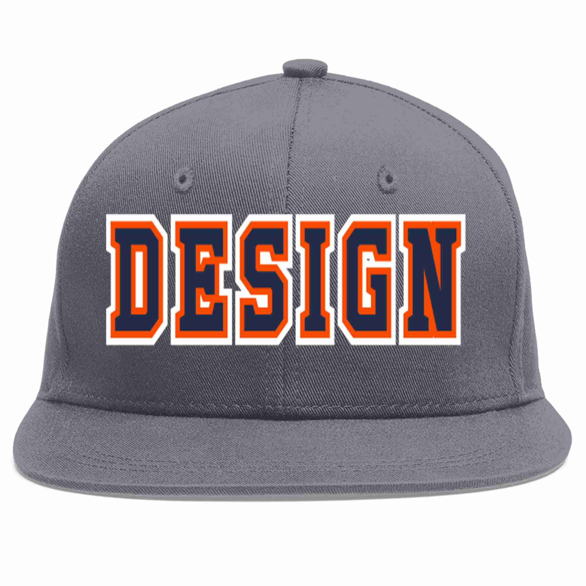 Casquette de baseball sport personnalisée gris foncé, bleu marine et orange, design plat pour hommes/femmes/jeunes