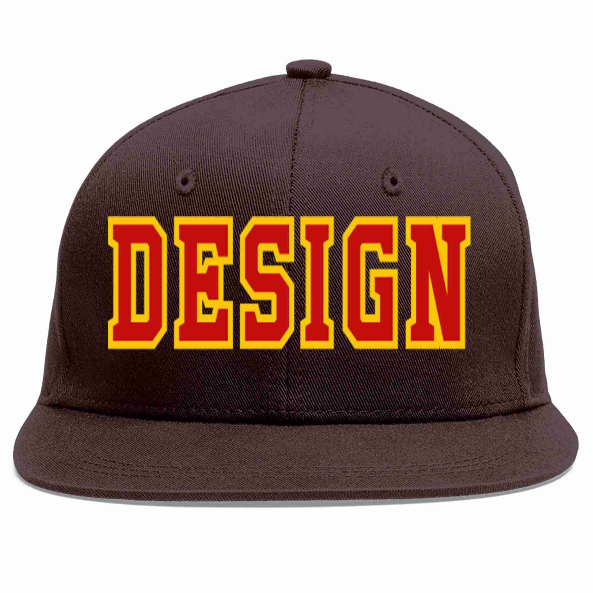 Conception personnalisée de casquette de baseball de sport à Eaves plates marron rouge-jaune pour hommes/femmes/jeunes