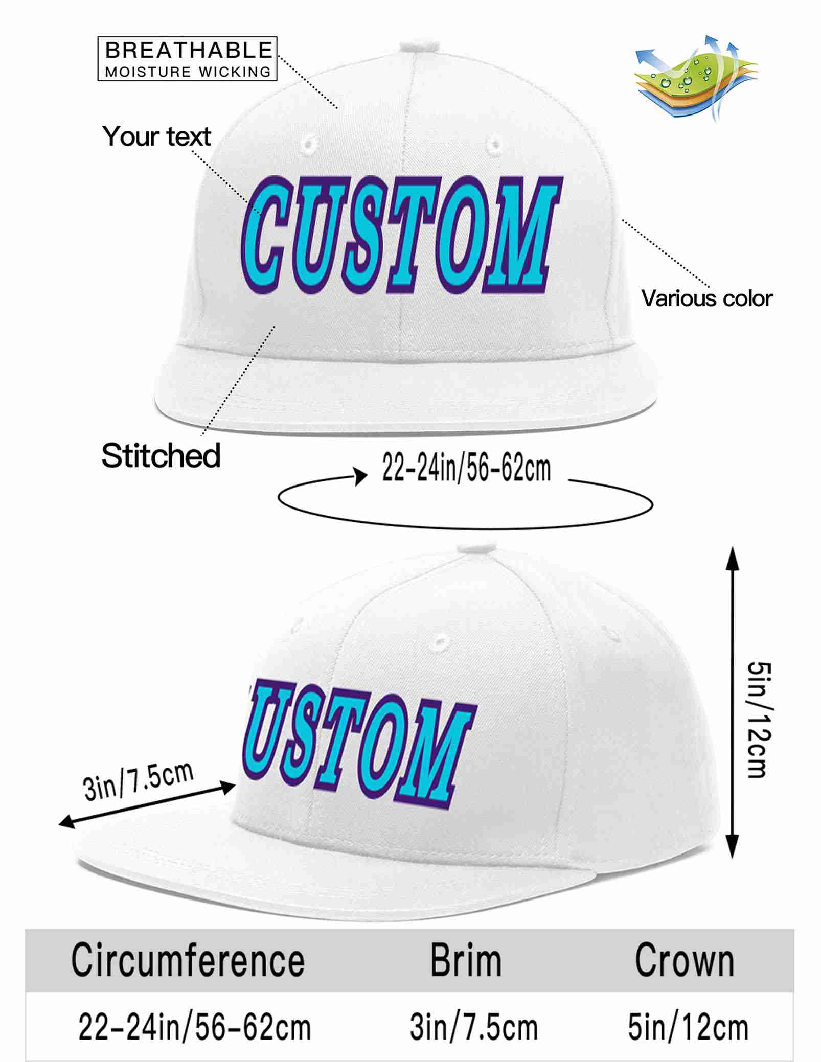 Custom White Light Blue-purple Casual Sport Baseball Cap