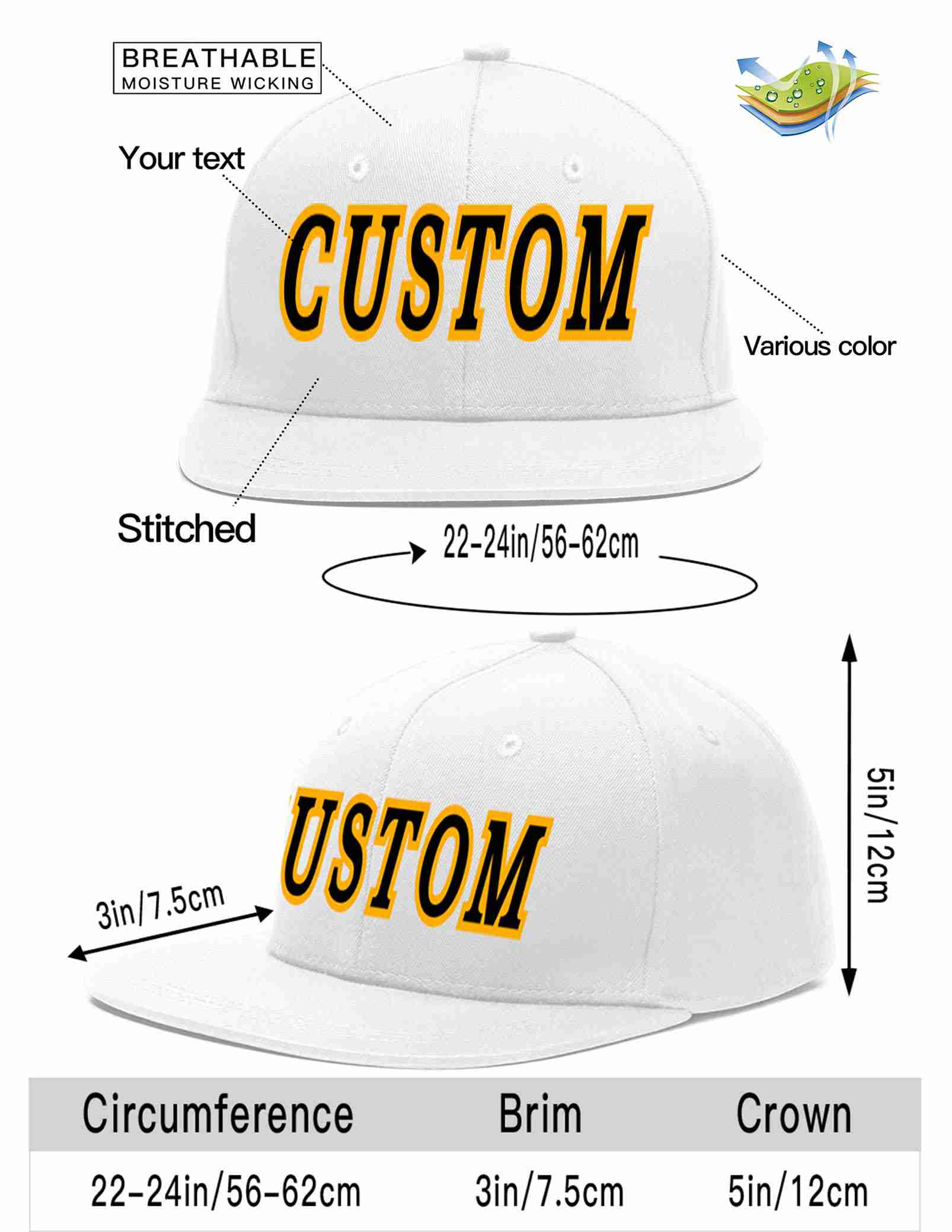 Custom White Black-Yellow Casual Sport Baseball Cap