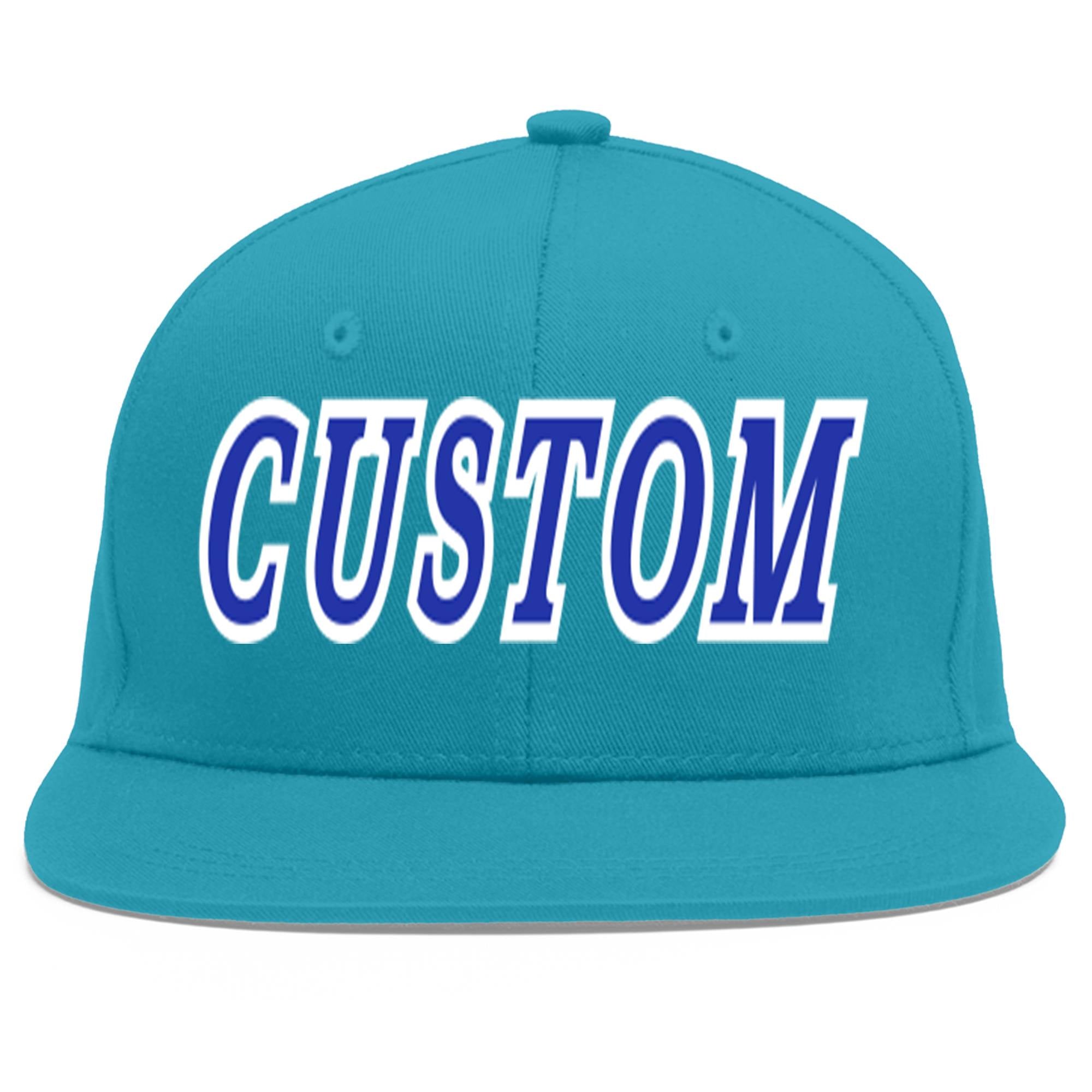 Custom Aqua Royal-White Flat Eaves Sport Baseball Cap