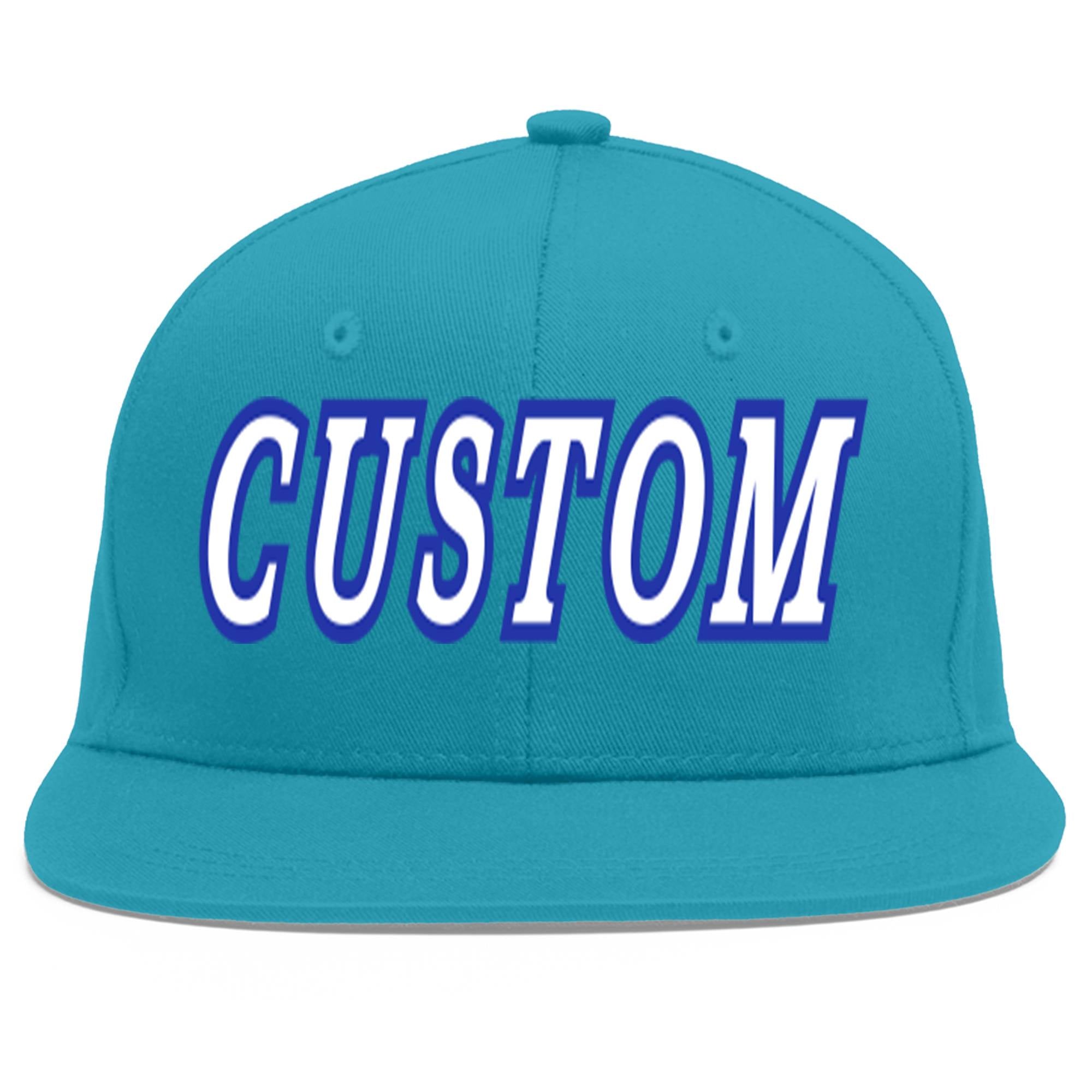 Custom Aqua White-Royal Flat Eaves Sport Baseball Cap