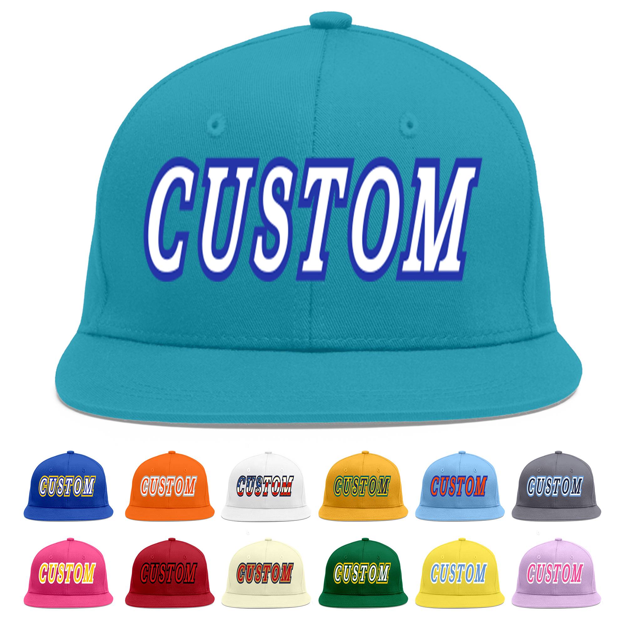 Custom Aqua White-Royal Flat Eaves Sport Baseball Cap