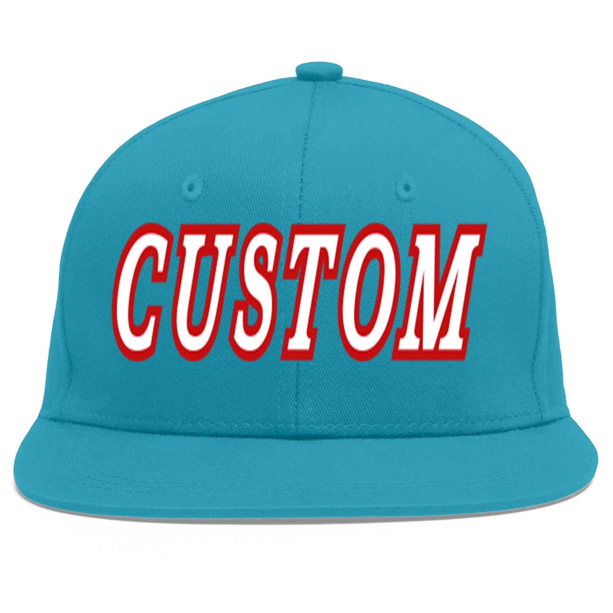 Custom Aqua White-Red Flat Eaves Sport Baseball Cap