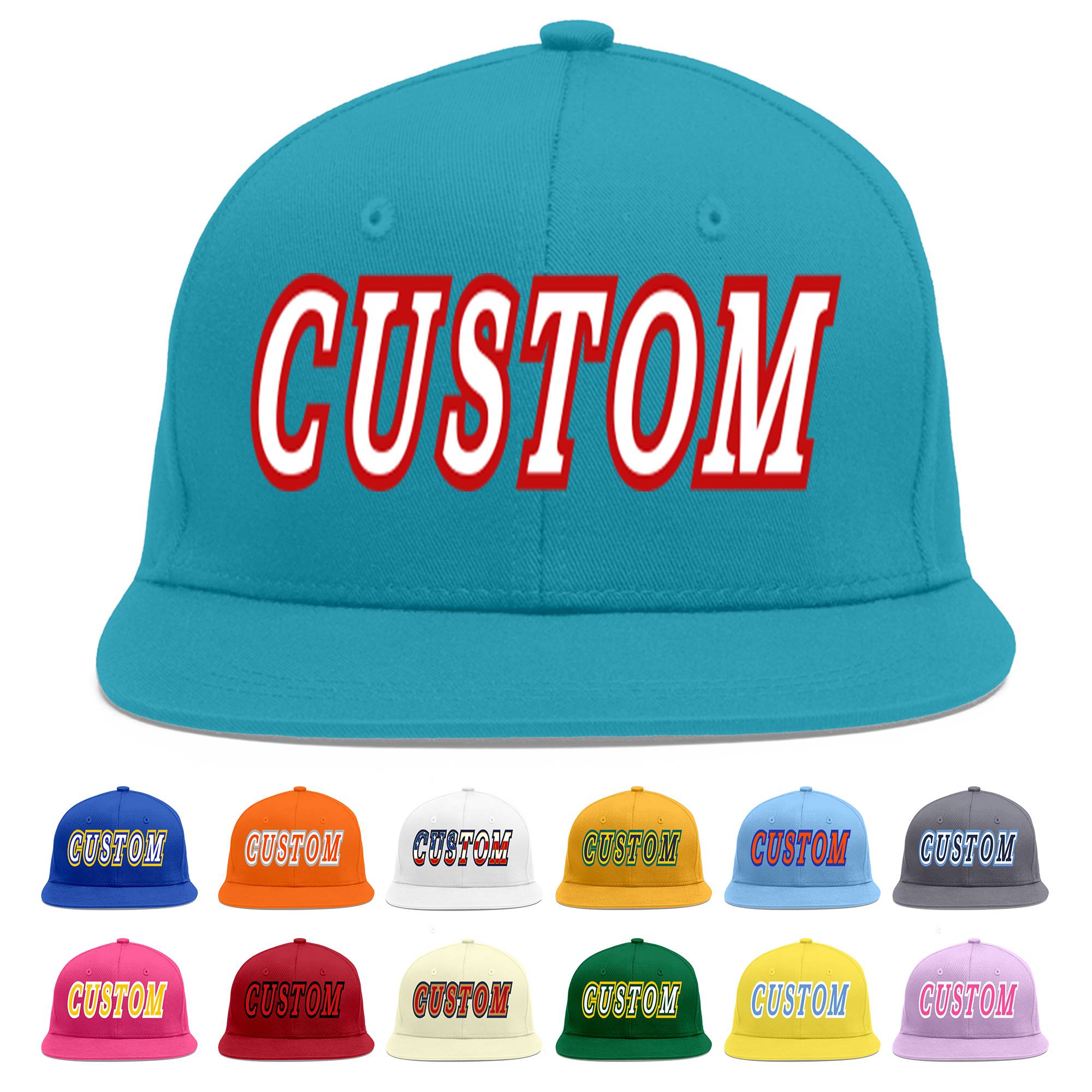 Custom Aqua White-Red Flat Eaves Sport Baseball Cap