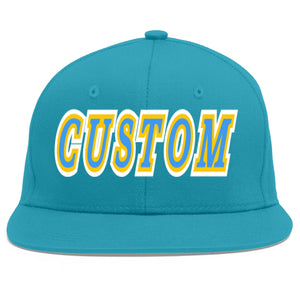 Custom Aqua Powder Blue-Gold Flat Eaves Sport Baseball Cap