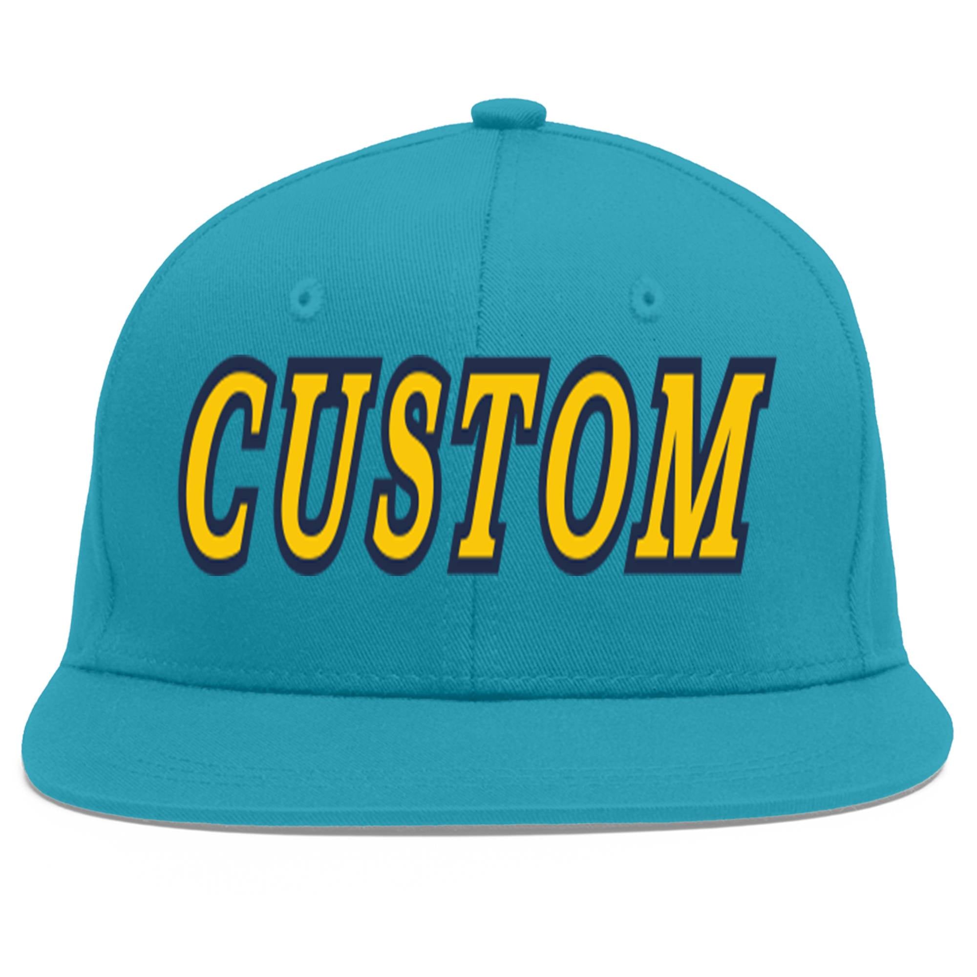 Custom Aqua Gold-Navy Flat Eaves Sport Baseball Cap