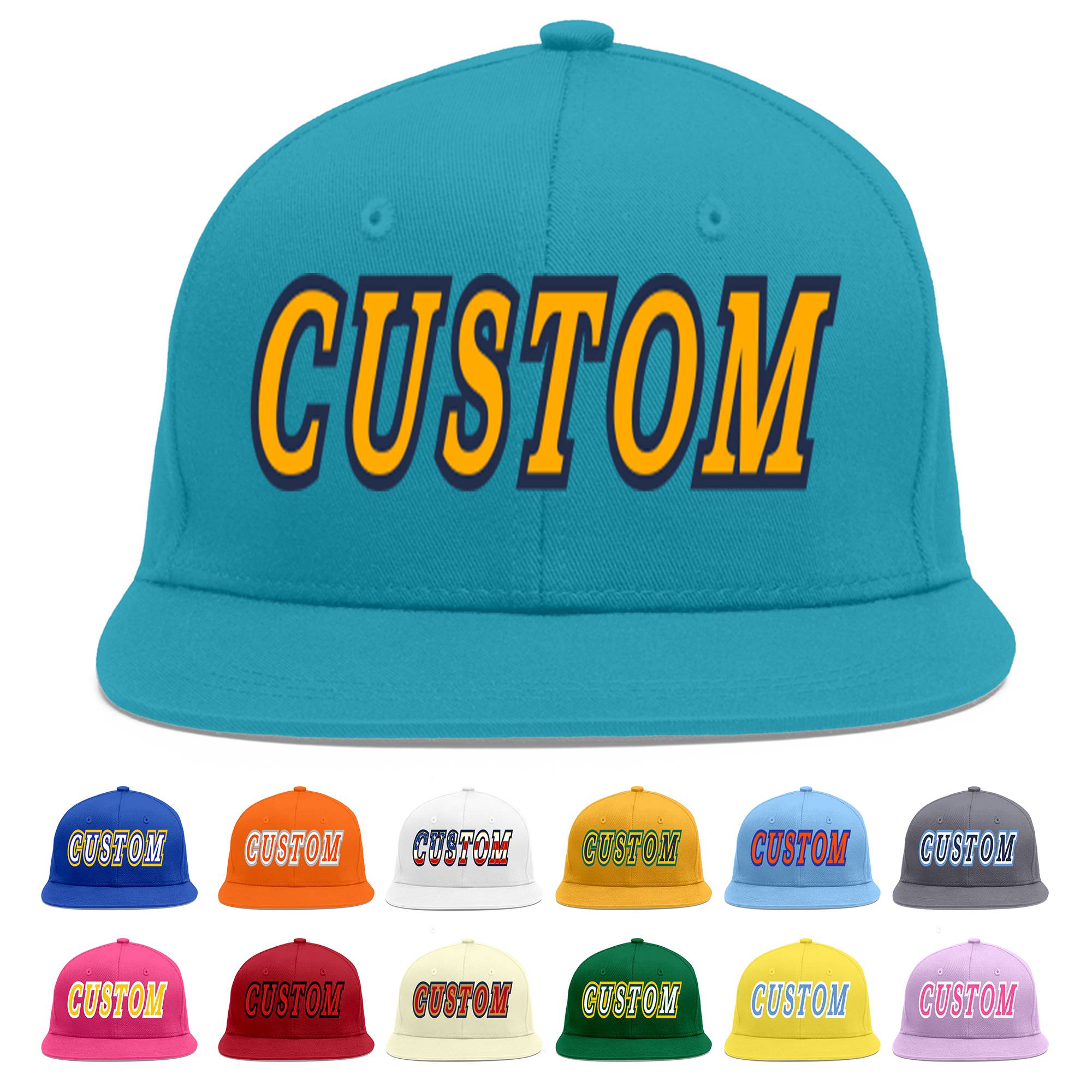 Custom Aqua Yellow-Navy Flat Eaves Sport Baseball Cap