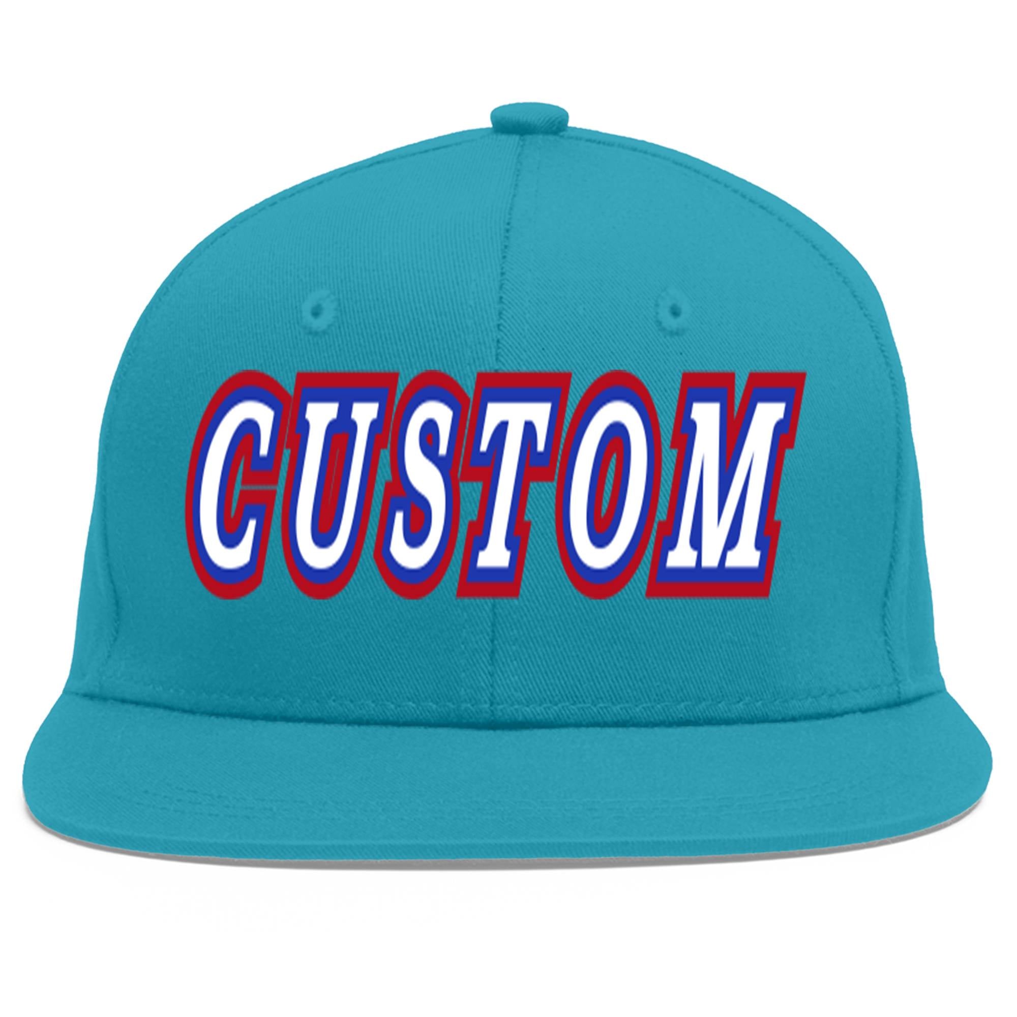 Custom Aqua White-Royal Flat Eaves Sport Baseball Cap