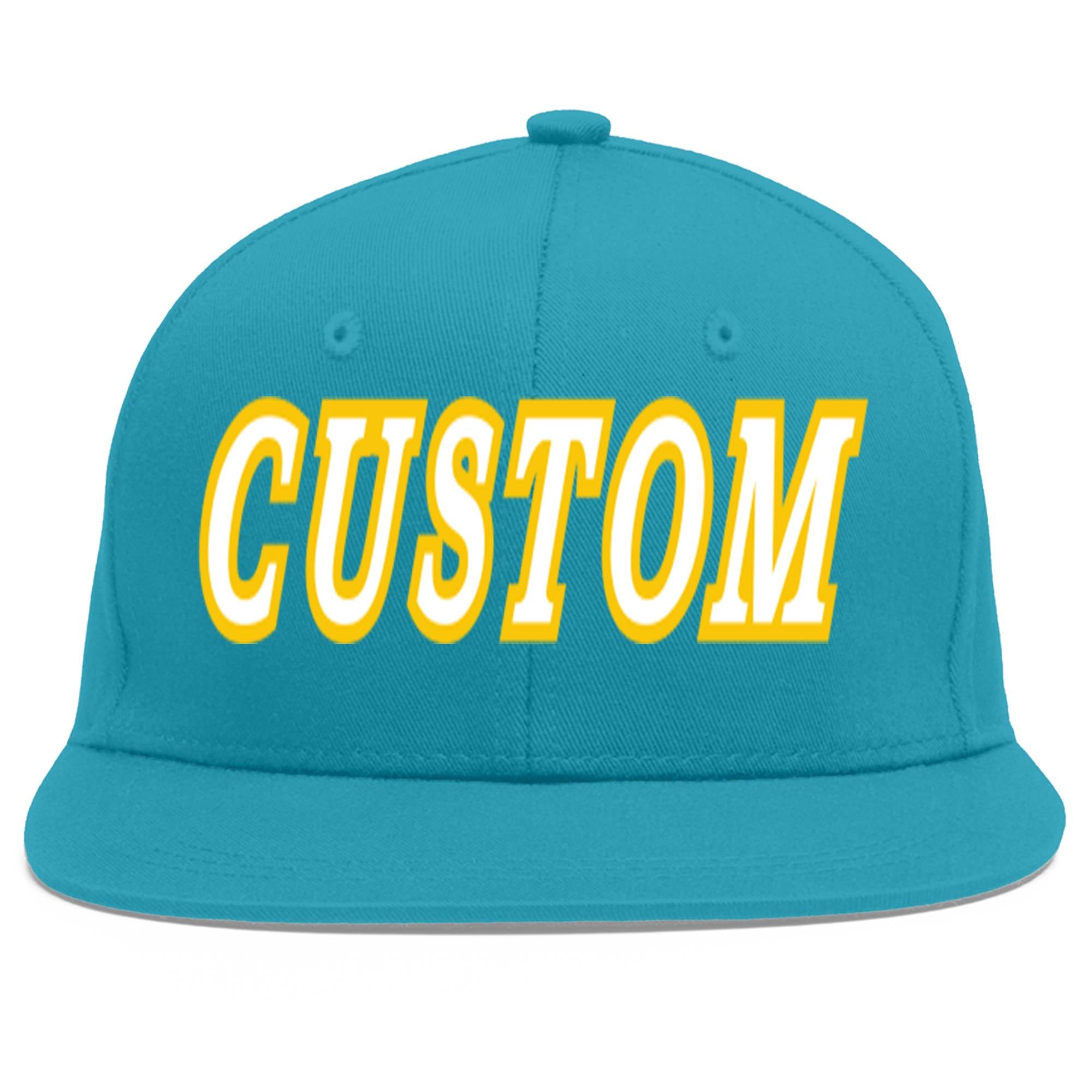 Custom Aqua White-Gold Flat Eaves Sport Baseball Cap