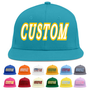 Custom Aqua White-Gold Flat Eaves Sport Baseball Cap