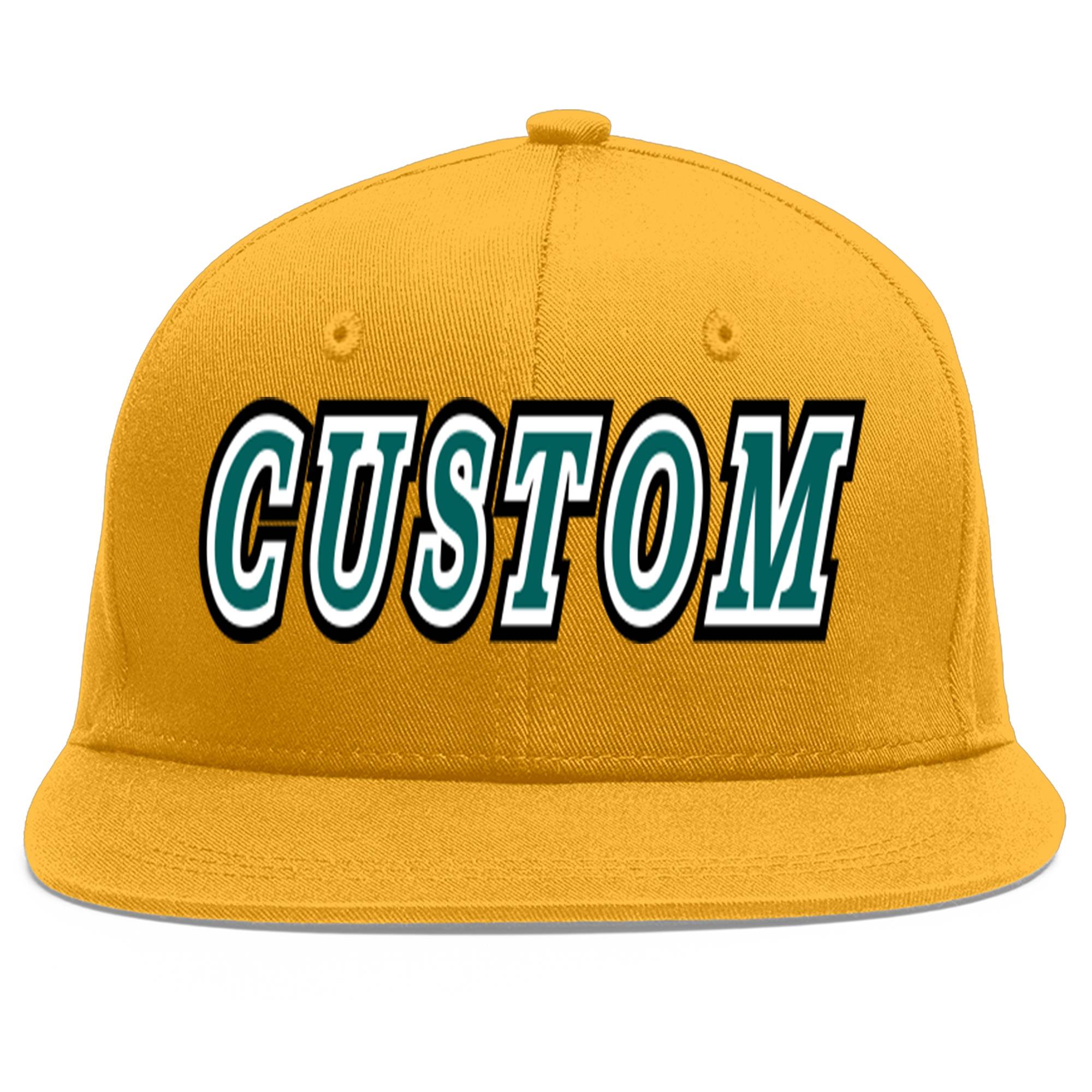 Custom Gold Aqua-White Flat Eaves Sport Baseball Cap