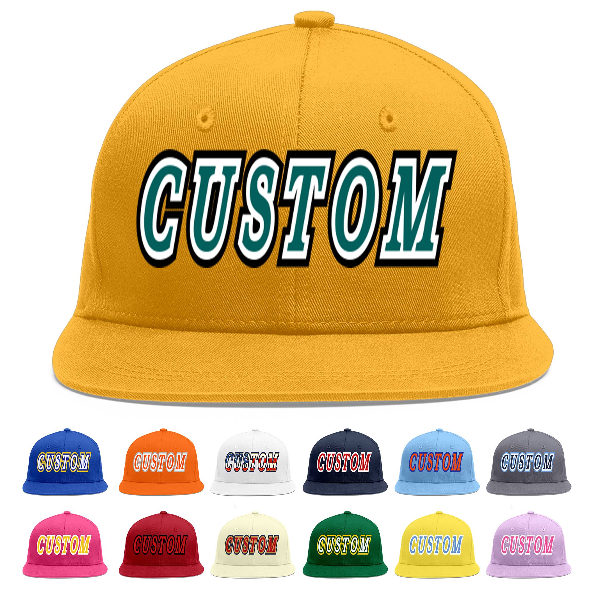 Custom Gold Aqua-White Flat Eaves Sport Baseball Cap