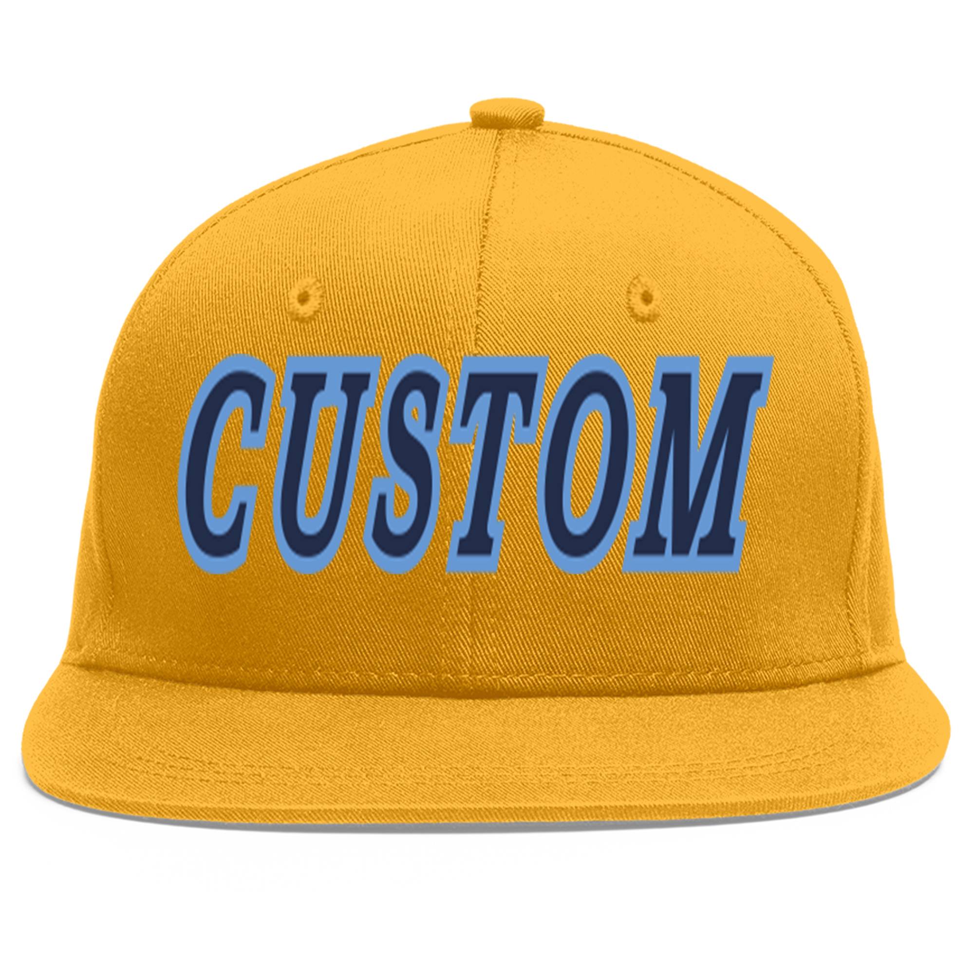 Custom Gold Navy-Light Blue Flat Eaves Sport Baseball Cap