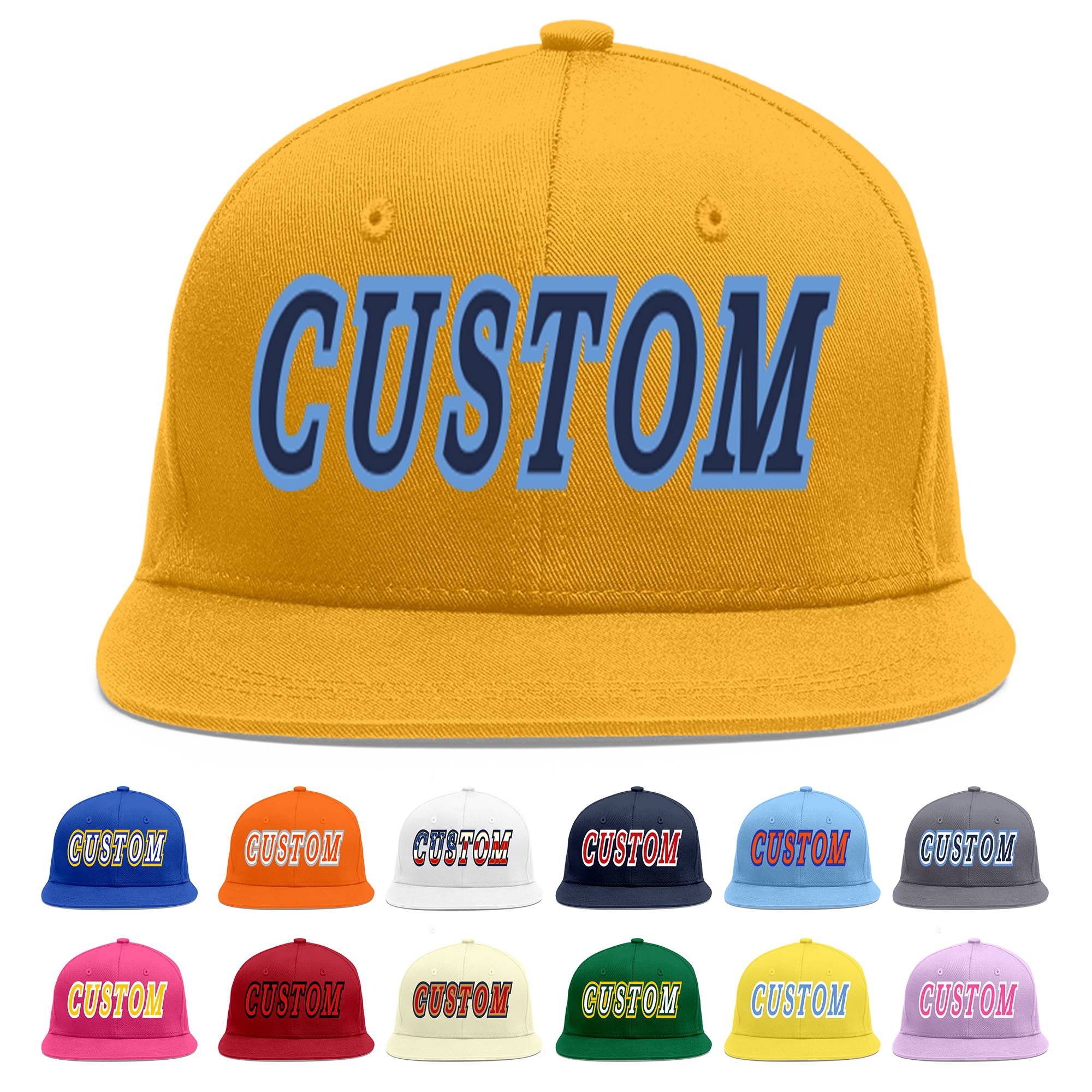 Custom Gold Navy-Light Blue Flat Eaves Sport Baseball Cap