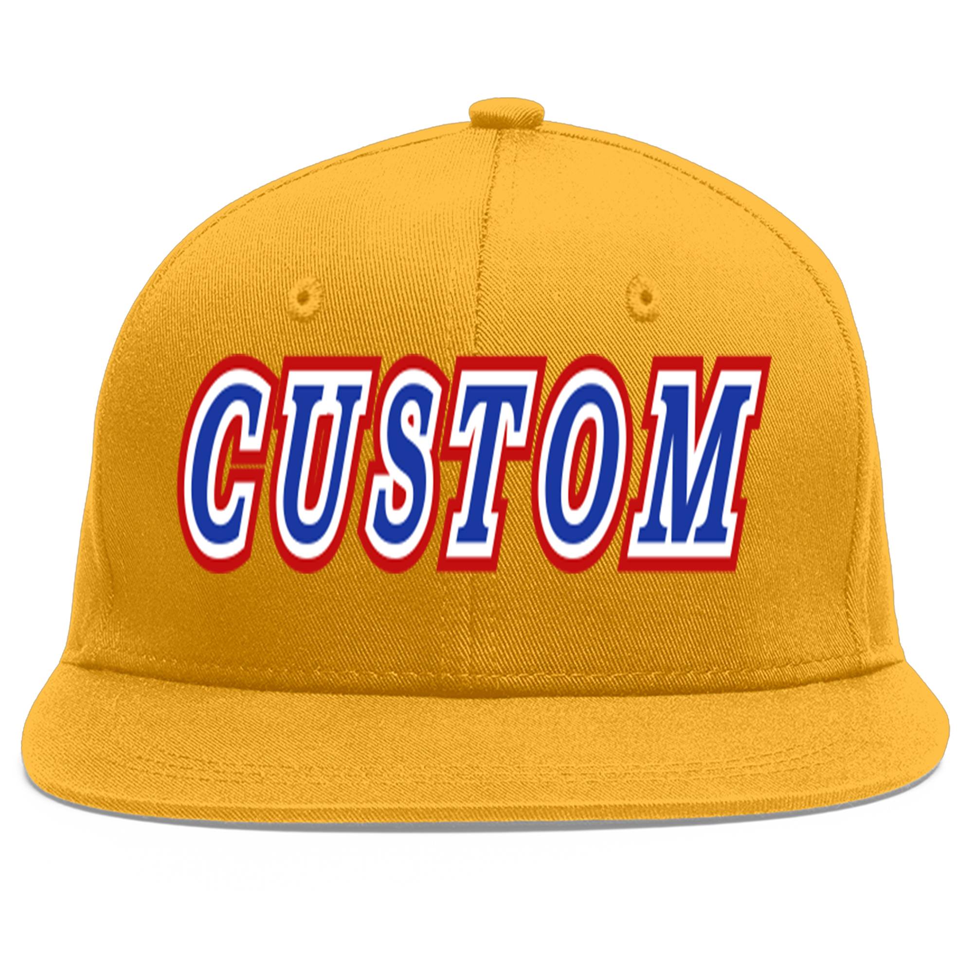 Custom Gold Royal-White Flat Eaves Sport Baseball Cap