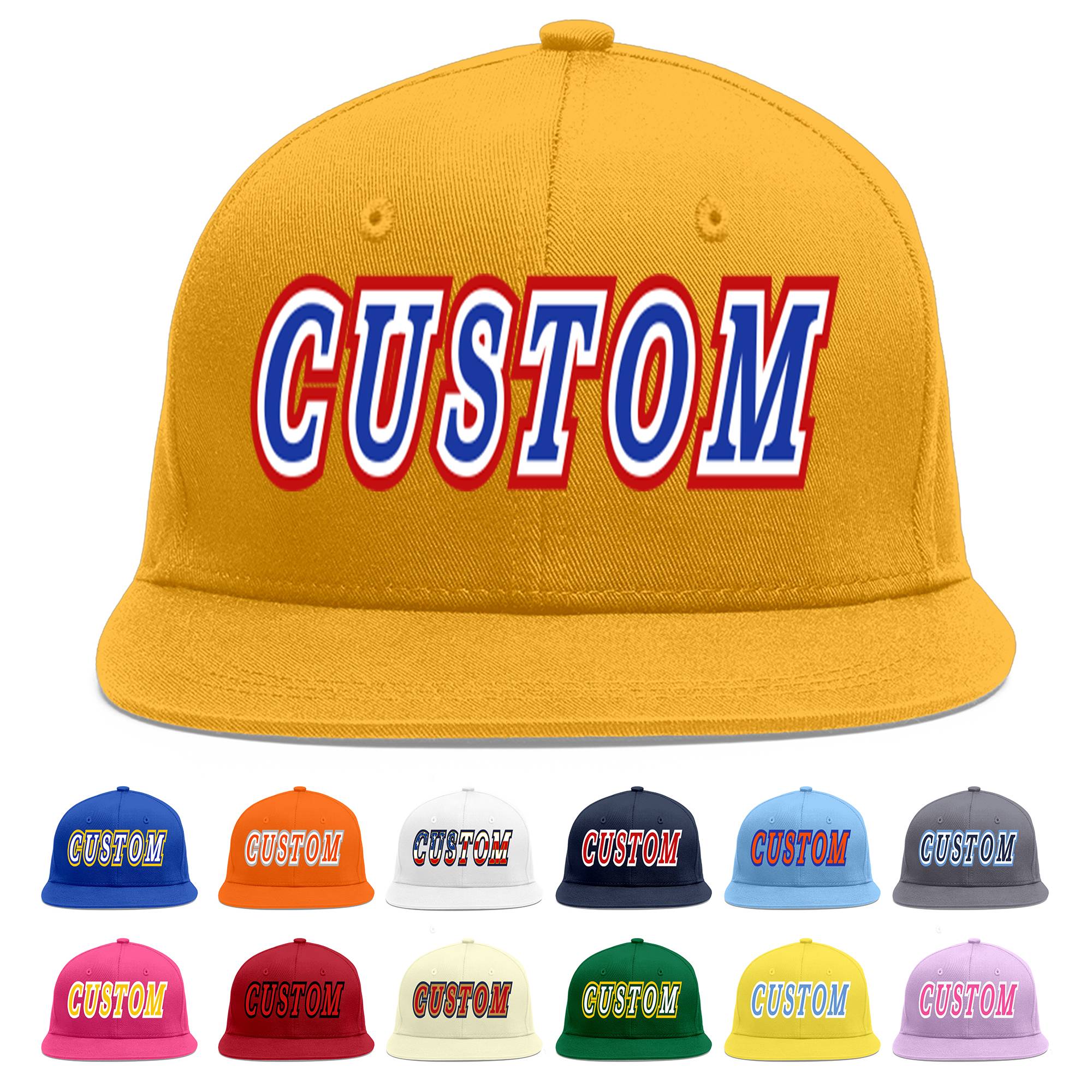 Custom Gold Royal-White Flat Eaves Sport Baseball Cap