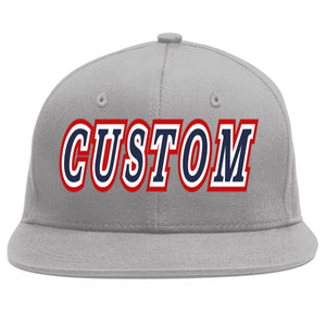 Custom Gray Navy-White Flat Eaves Sport Baseball Cap