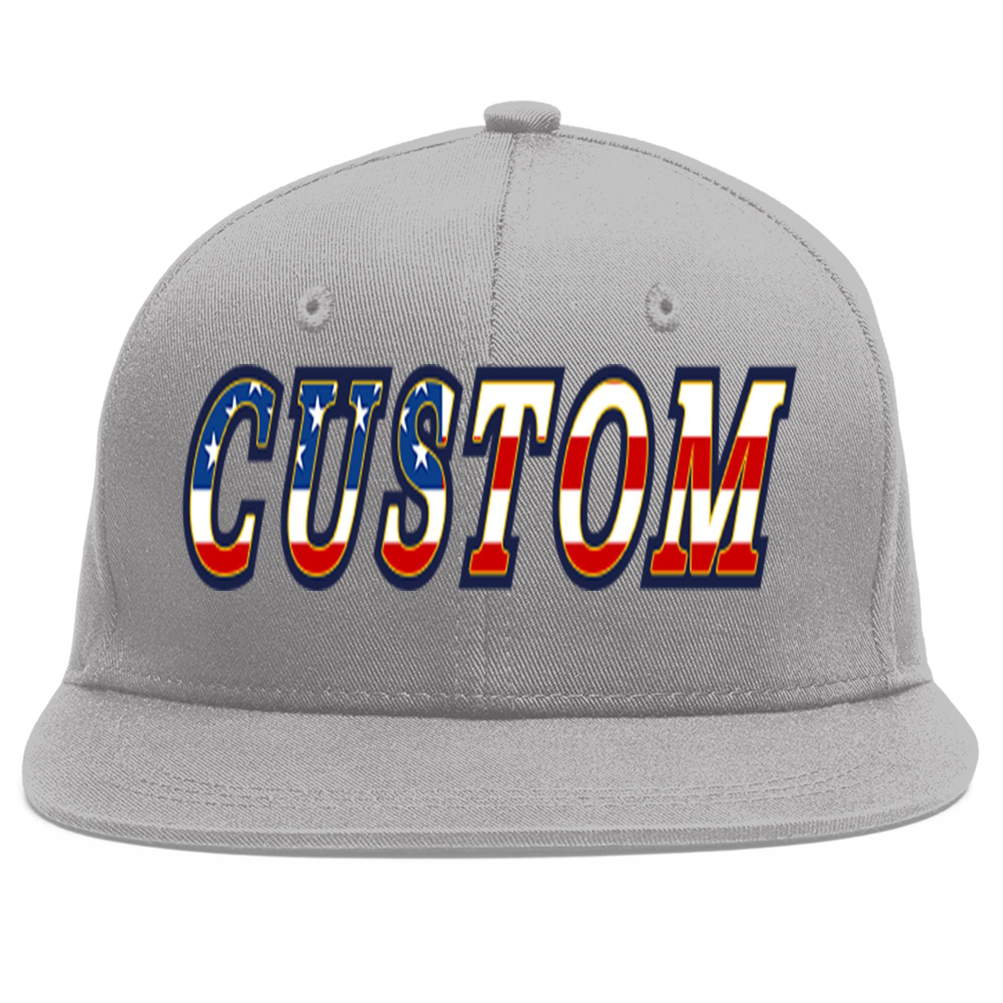 Custom Gray Vintage USA Flag-Gold Flat Eaves Sport Baseball Cap