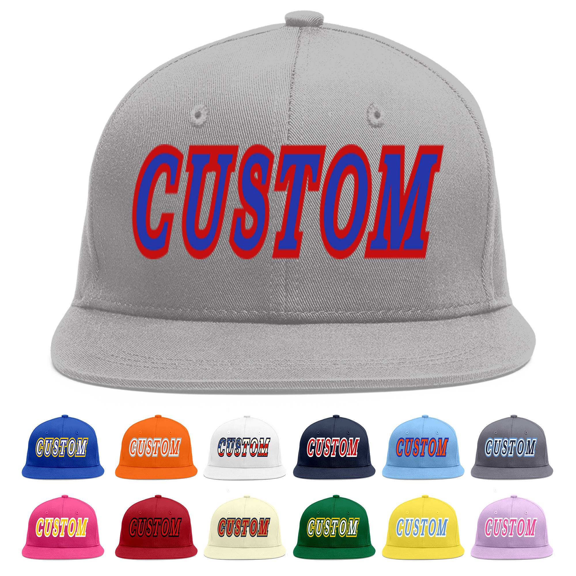 Custom Gray Royal-Red Flat Eaves Sport Baseball Cap