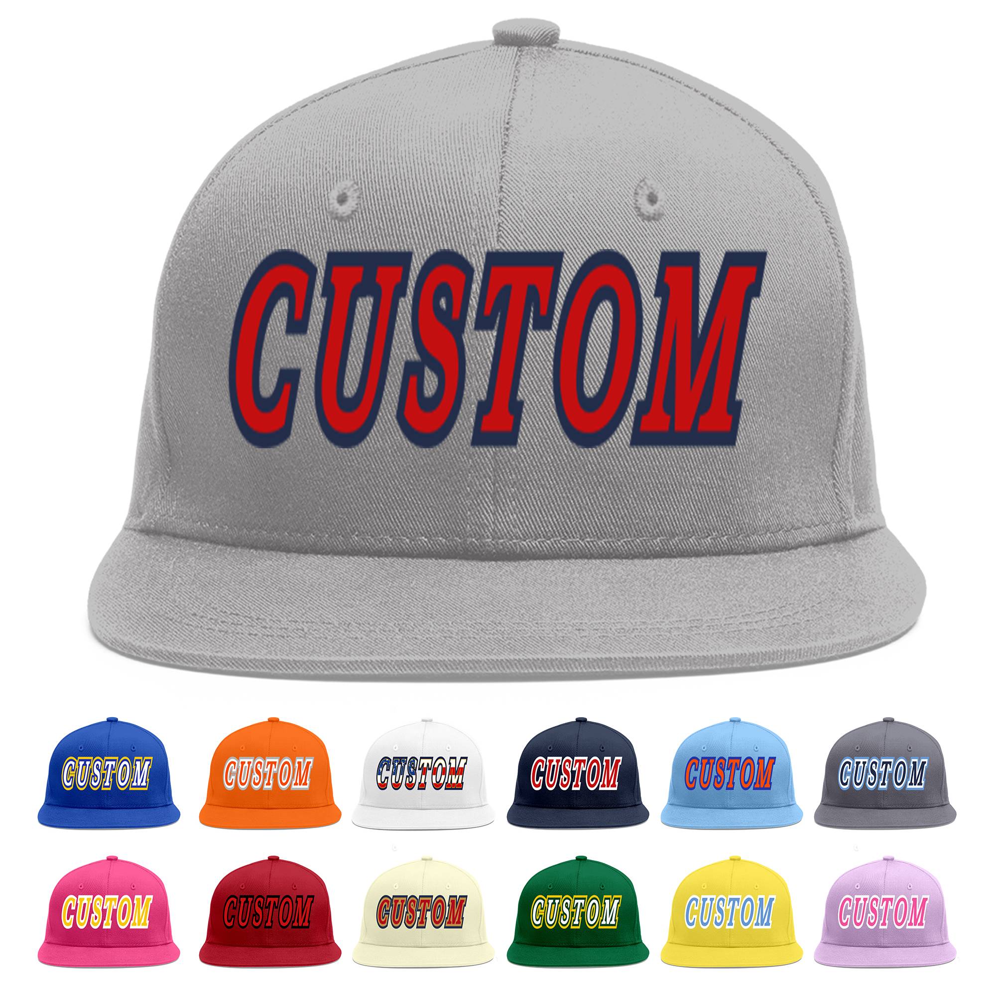 Custom Gray Red-Navy Flat Eaves Sport Baseball Cap