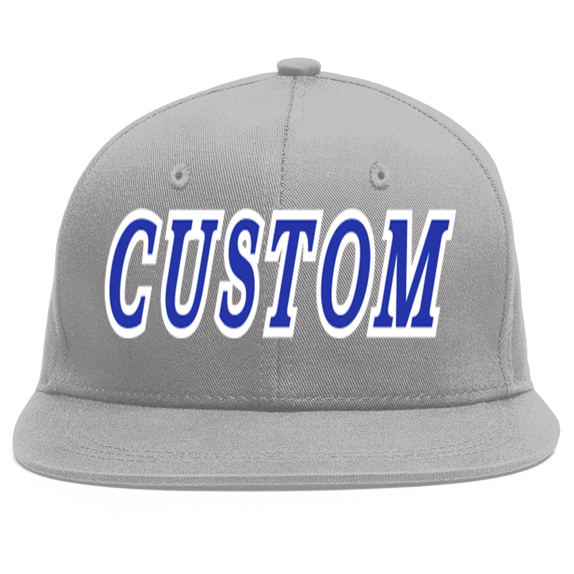 Custom Gray Royal-White Flat Eaves Sport Baseball Cap