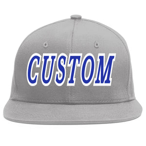 Casquette de baseball sport personnalisée gris royal-blanc plat Eaves