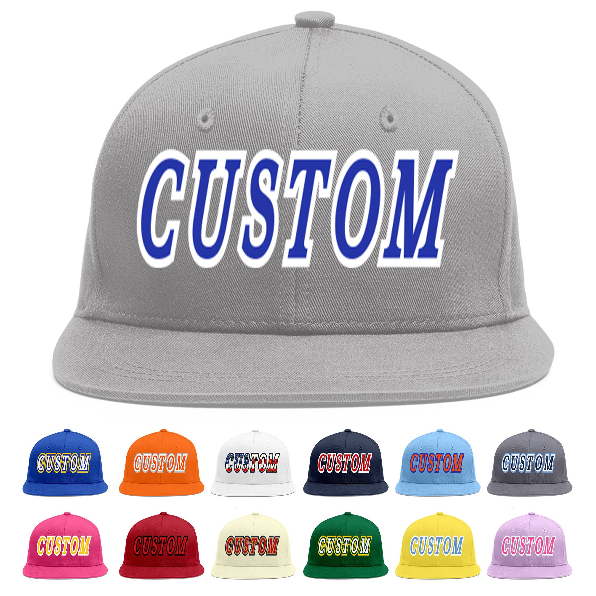 Custom Gray Royal-White Flat Eaves Sport Baseball Cap