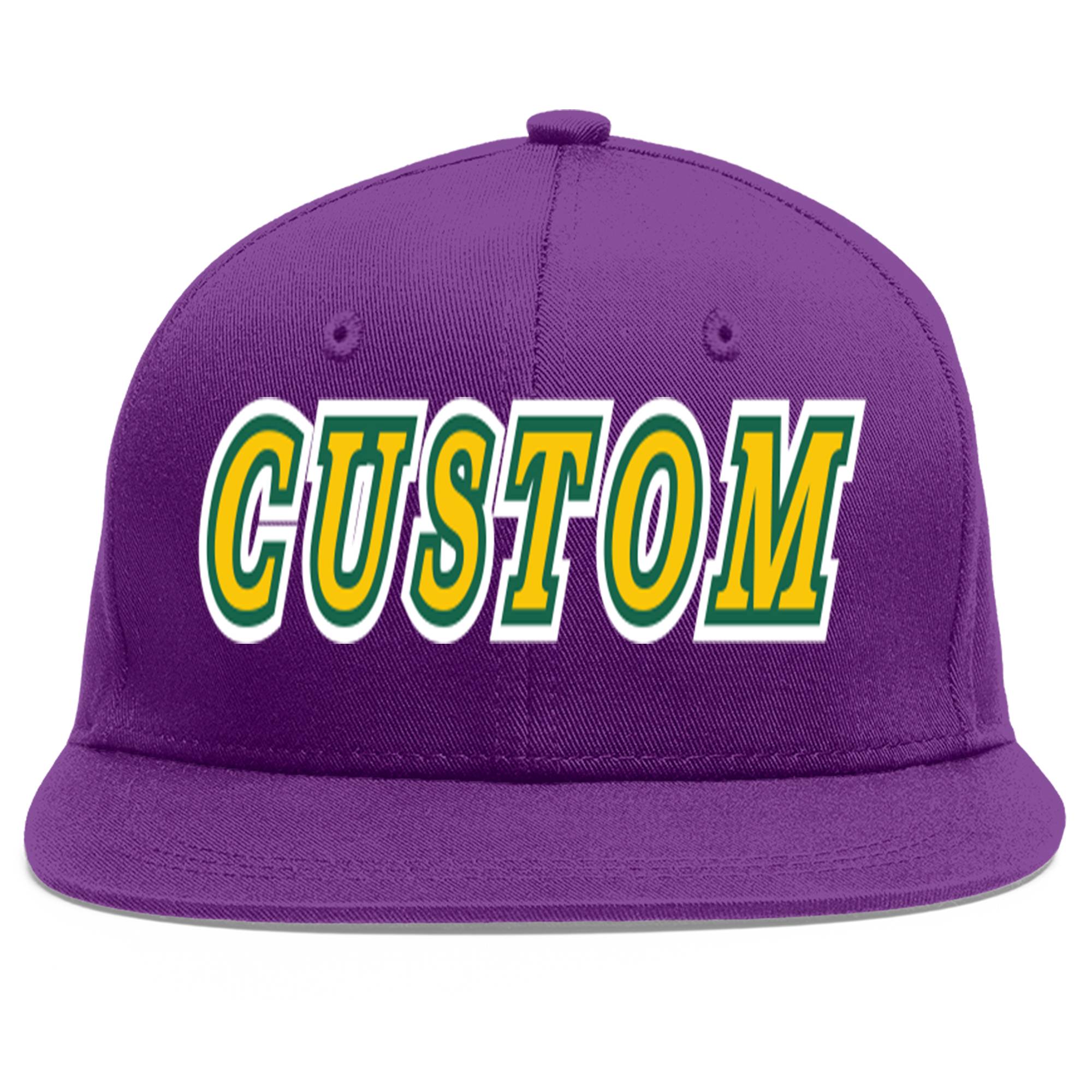 Casquette de baseball sport personnalisée violet or-Kelly vert plat avant-toit