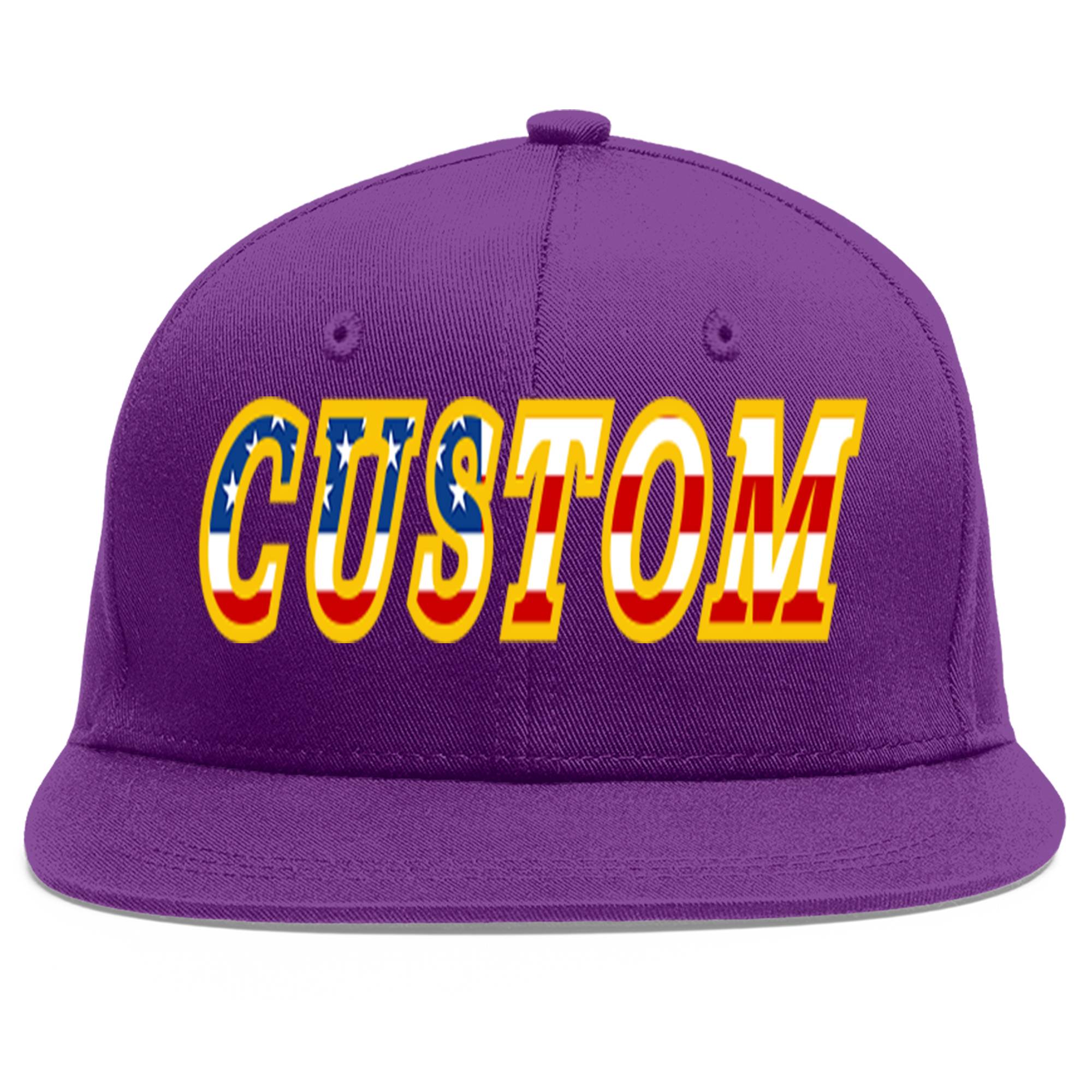 Custom Purple Vintage USA Flag-Gold Flat Eaves Sport Baseball Cap